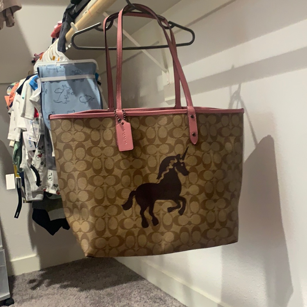 Coach Brown Signature Canvas Tote With Pink Trim And Horse Motif